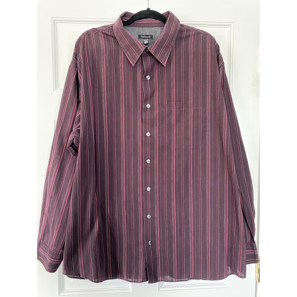 Van Huesen Men's Dress Shirt SZ 3XL 20-20 1/2 Button Long Sleeve Maroon Stripes